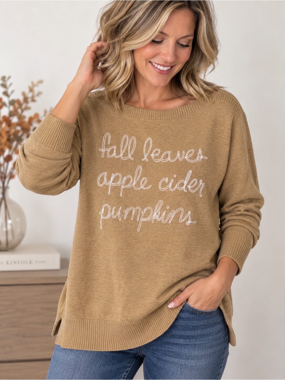 LOFT Tan Crewneck Sweater with White Script Fall Leaves Apple Cider Pumpkins